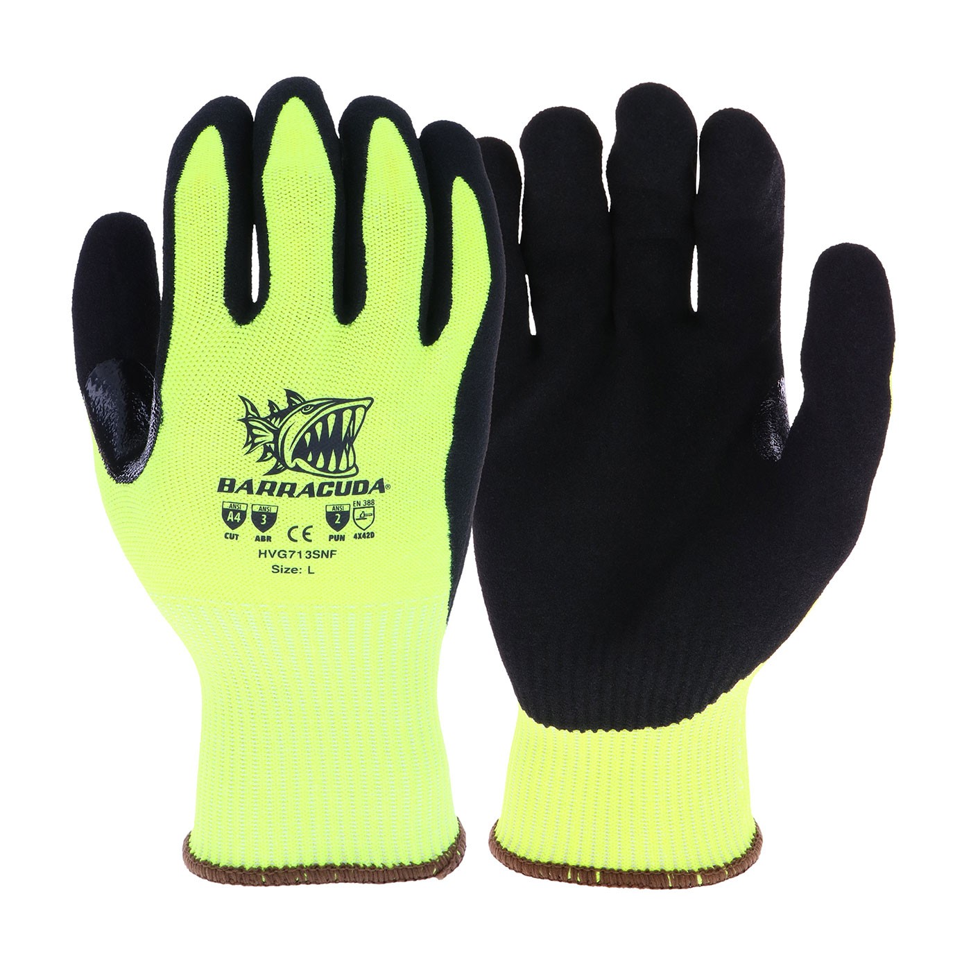  Barracuda® Hi-Vis Seamless Knit HPPE Blended Glove with Nitrile Coated Sandy Grip on Palm & Fingers - Touchscreen Compatible  (#HVG713SNF)